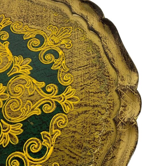 Italian Florentine Tole Green Gold Gilt Round Wood Pedestal Tray Server - Picture 5 of 7